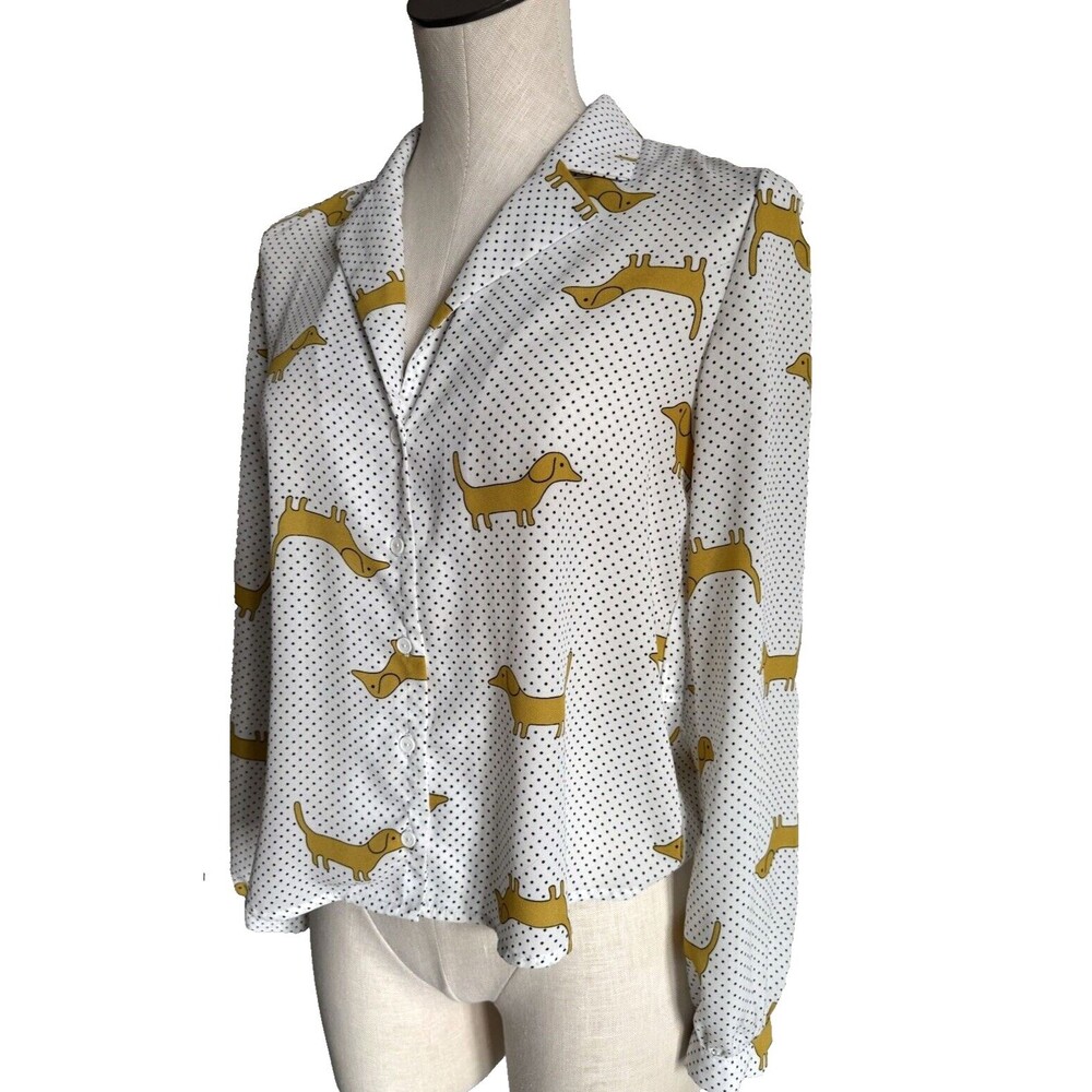 F21 Dachshund Dog Print Button Down Blouse Forever 21 Small - Picture 4 of 12